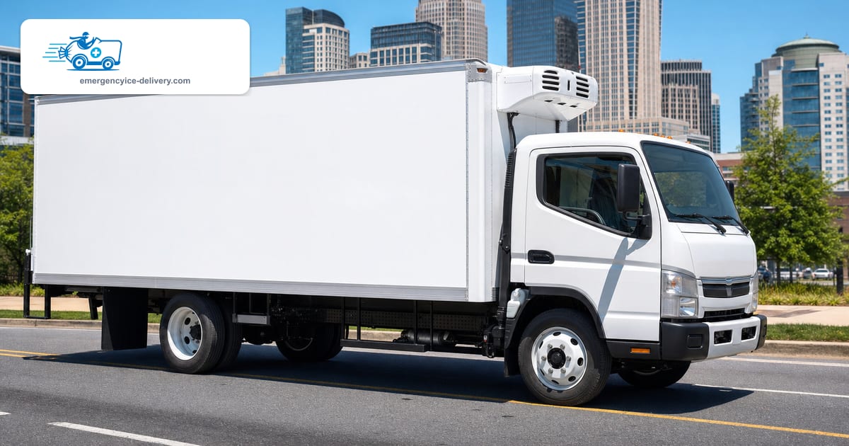 Unbranded refrigerated delivery truck in Charlotte with an Emergency Ice Delivery badge