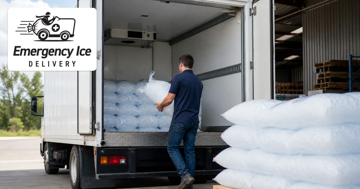 Refrigerated ice delivery truck with an Emergency Ice Delivery badge