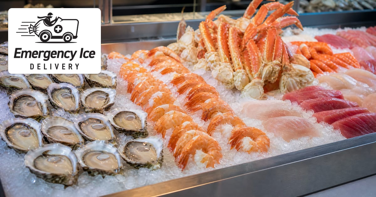 Fresh seafood displayed on a bed of crushed ice